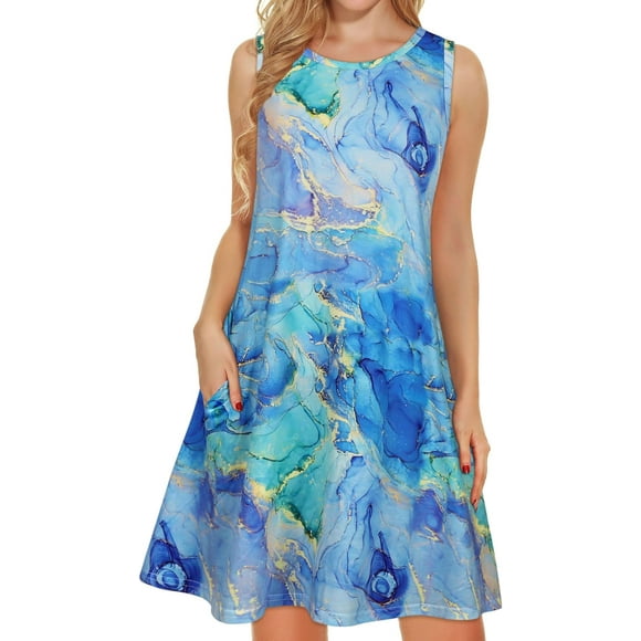Robes d'Été pour Femmes Plage Décontractée T-Shirt Grande Taille Floral Manches Courtes Ample Robes Fluides Bleu Teinture sur Nœuds TTG