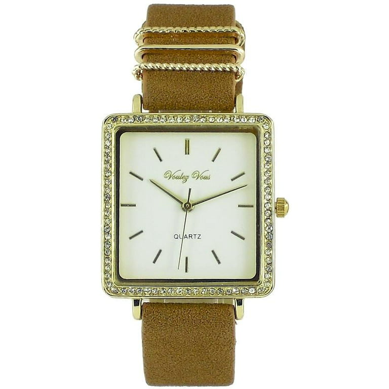 A square shaped watch with a simple index dial on a smooth suede band with  a hint of glam on the band #8937