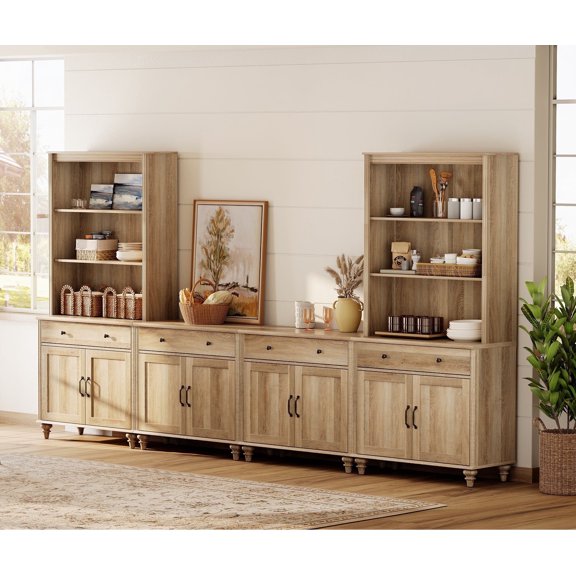 Credenzas & Sideboards with Bookshelves, Farmhouse Wall Unit Sideboard with 8 Doors & 4 Drawer, Buffet cabinet for kitchen, Living Room or Bedroom , Oak