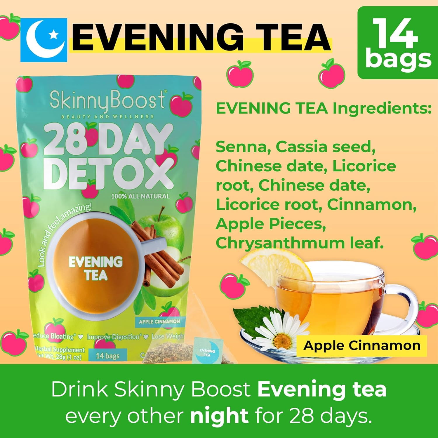 SkinnyBoost 28 Day Detox Tea Kit-1 Daytime Hibiscus (28 Bags) 1 Evening Apple Cinnamon(14 Bags) Non GMO, Vegan, All Natural, Green Tea and Herbal Teas for Natural Detox and Cleanse, Reduce Bloating