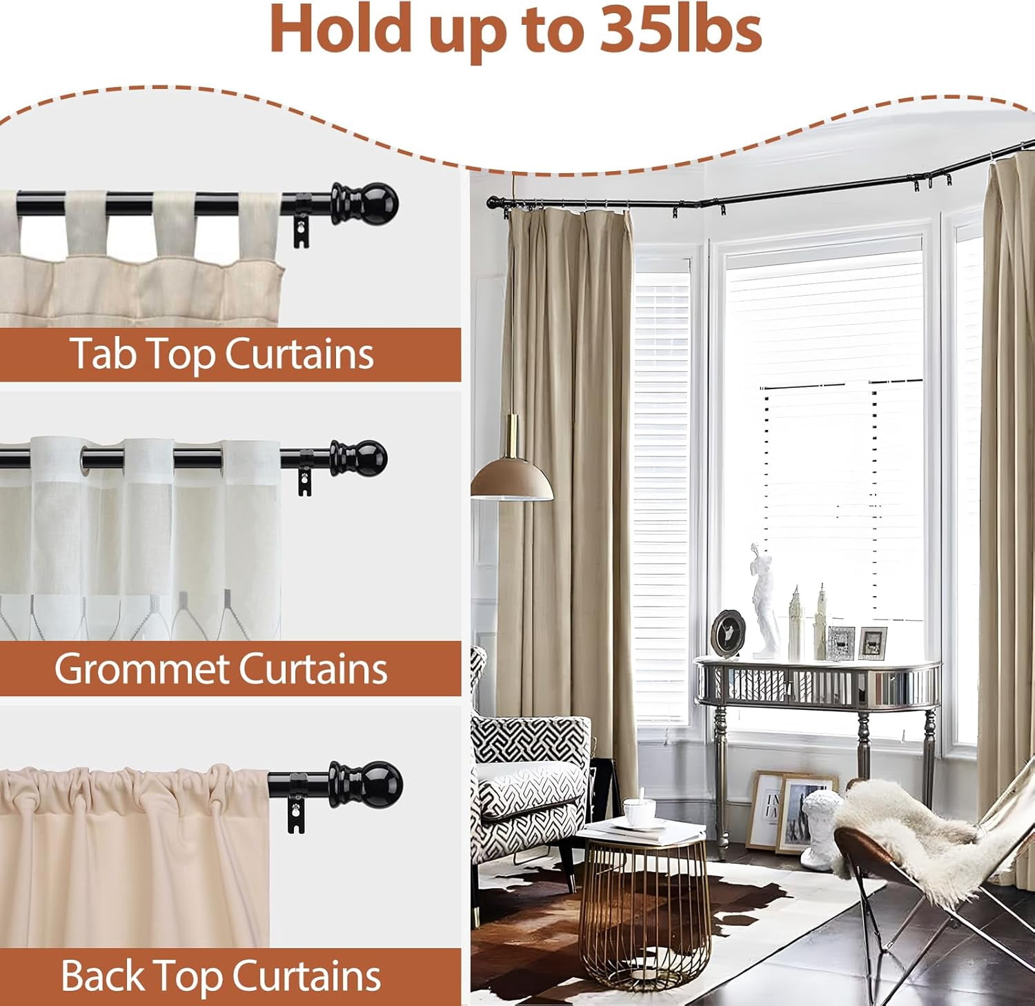 Corner Curtain Rod, 1 Inch Heavy Duty Metal L Shaped Corner window Curtain Rod, 32-136” Adjustable Curved Curtain Rod for Corner Window White