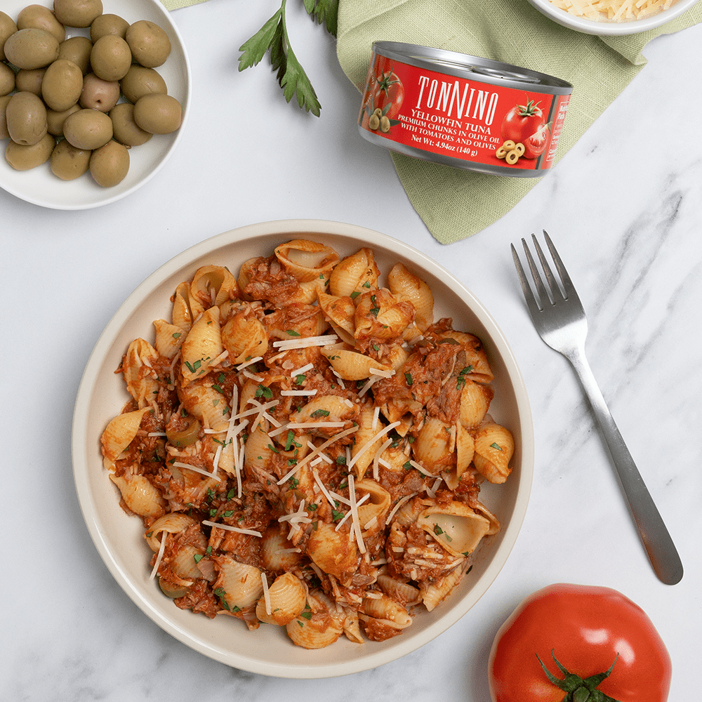 (4 pack) Tonnino Premium Yellowfin Tuna chunks with tomatoe and olives, 4.94 oz, Can, Wild Caught