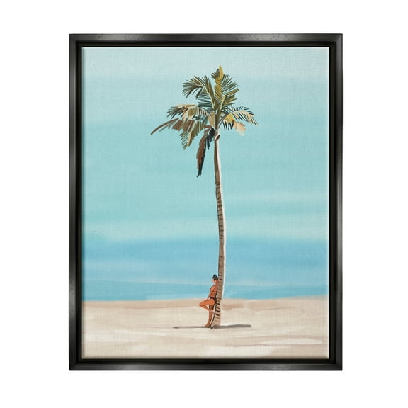Stupell Industries Girl Leaning On Palm Tree Coastal Painting Black Floater Framed Art Print Wall Art