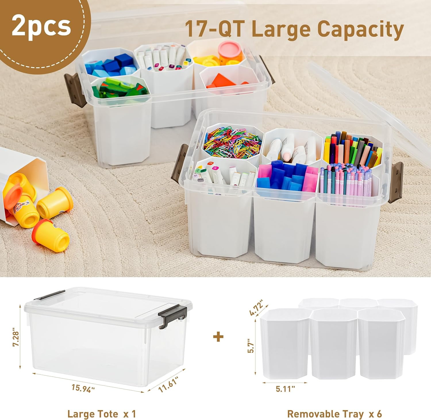 17 QT Plastic Storage Bins Clear Storage Box with Lids Multipurpose Stackable Storage Containers for Organizing Tool, Craft, Crayon, 2 Packs