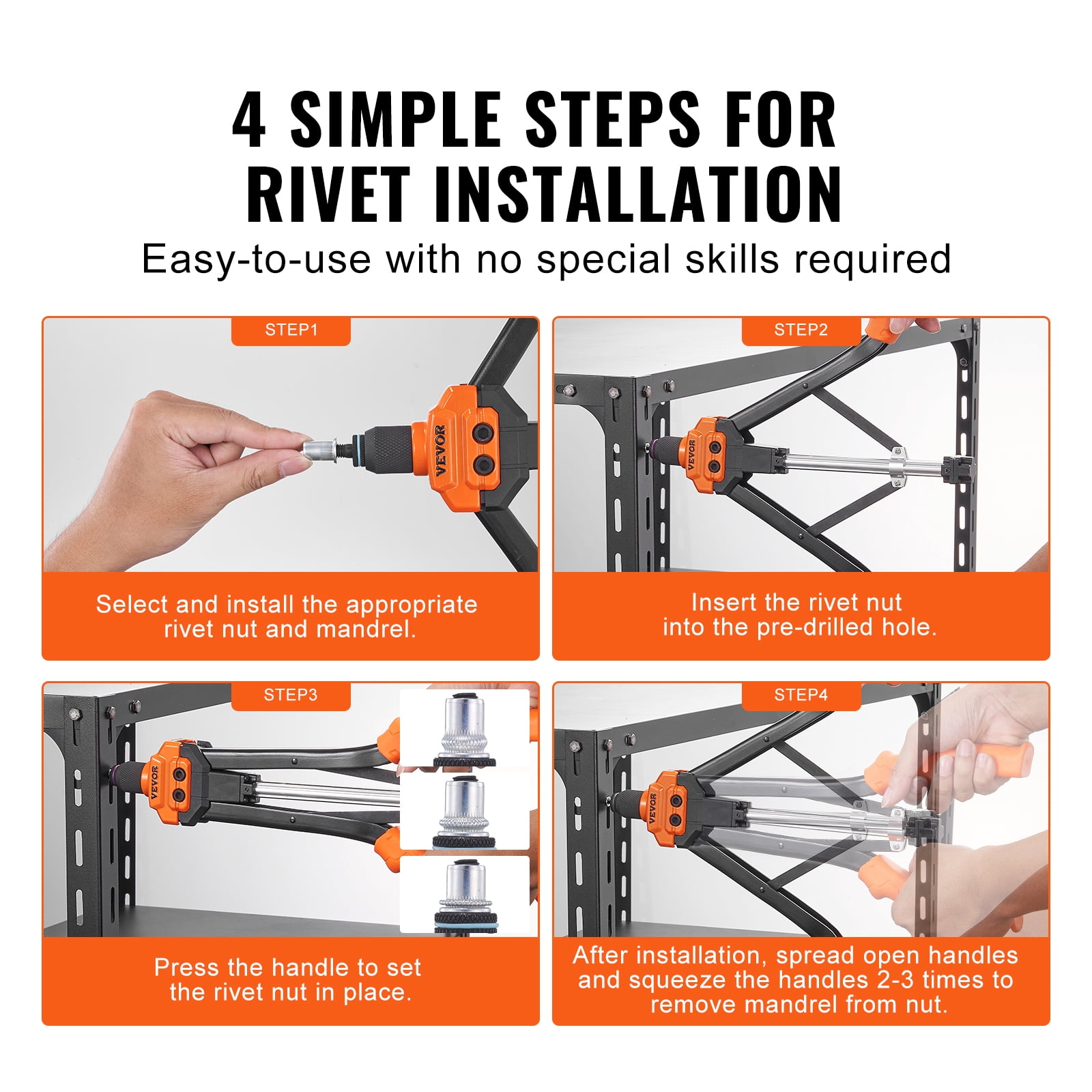VEVOR Rivet Nut Tool, 16 inch Rivnut Tool Kit with 13PCS Metric and SAE Mandrels, 186PCS Rivet Nuts, Semi-auto Retraction, M3, M4, M5, M6, M8, M10, M12, 1/4-20, 5/16-18, 3/8-16, 1/2-13, 8-32, 10-24