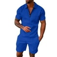 thumbnail image 2 of pxiakgy suits for men male casual striped two piece suit zipper collar short sleeve top blouse suit drawstring pocket short set men suits blue + xl, 2 of 6