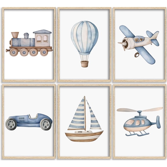 Vintage Baby Boy Nursery Canvas Wall Art Blue Car Airplane Painting Picture Wall Decor Toddler Vehicle Train Boat and Hot Air Balloon Poster Print for Kids Boys Room Bedroom 8x10 inch Unframed