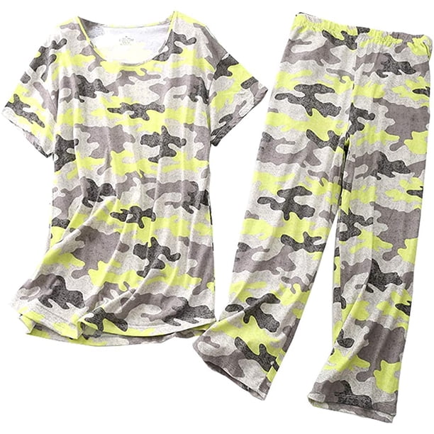 Linda ropa de dormir para mujer con pantalones capri, conjuntos de pijama Adepaton CJWUS-5778