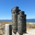 thumbnail image 2 of Moroccan Temple Lanterns, Luxury Floor Hurricanes, Set of 2, For LED or Wax Candles, Sealed Iron, Antiqued Patina, Hinged Top, 19 and 15 Inches, the Global Chic Collection, 2 of 7