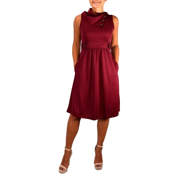 Peach Couture Womens Casual Sleeveless Classic Fold Over Collar A-Line Dress (Medium, Burgundy)