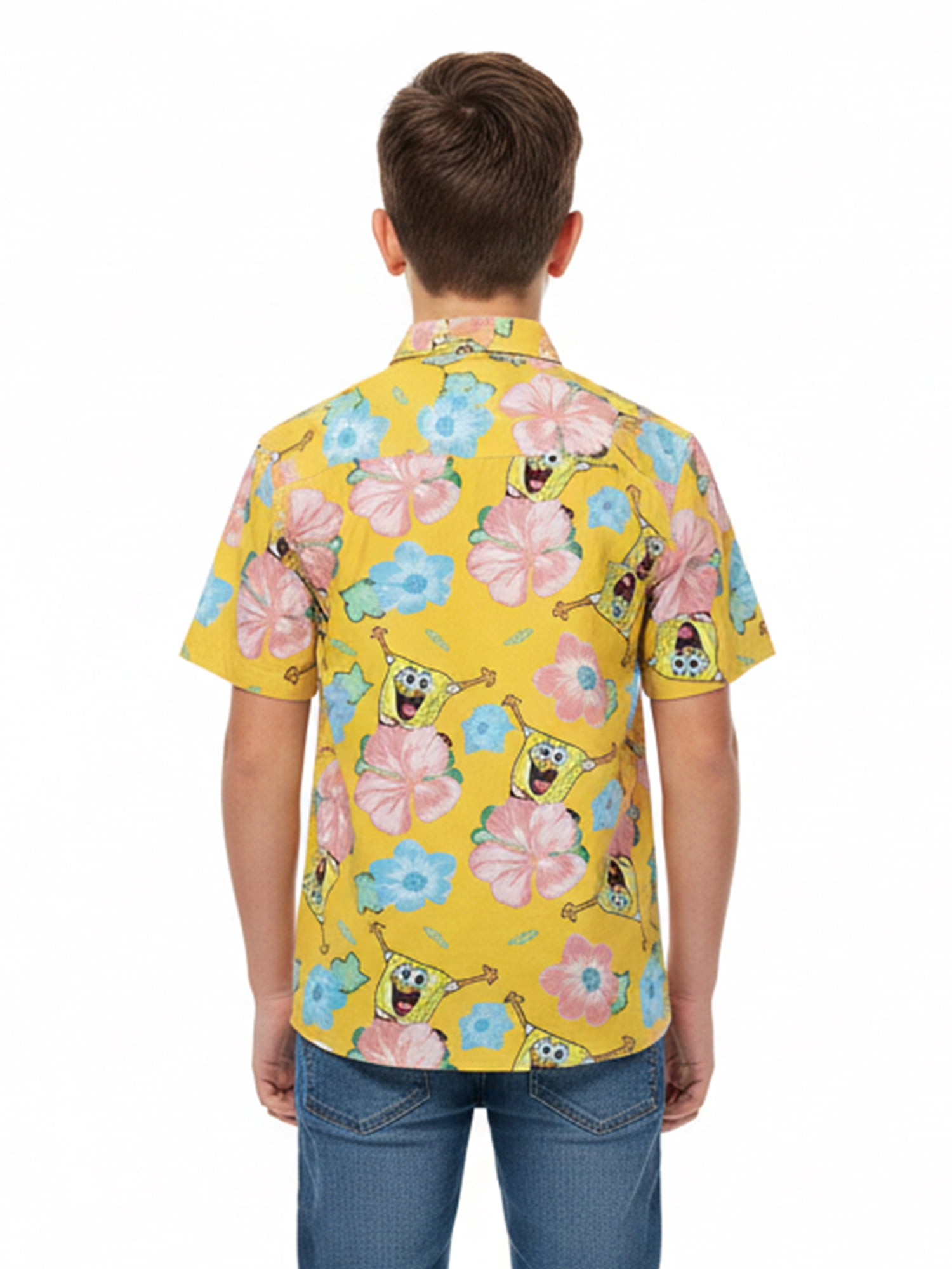 SpongeBob SquarePants Boys Cotton Graphic Button Up Shirt with Short Sleeves, Sizes 4-18