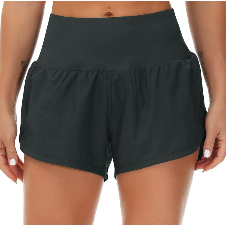 Womens Quick-Dry Running Shorts Sport Layer Elastic Waist Active Workout  Shorts with Pockets