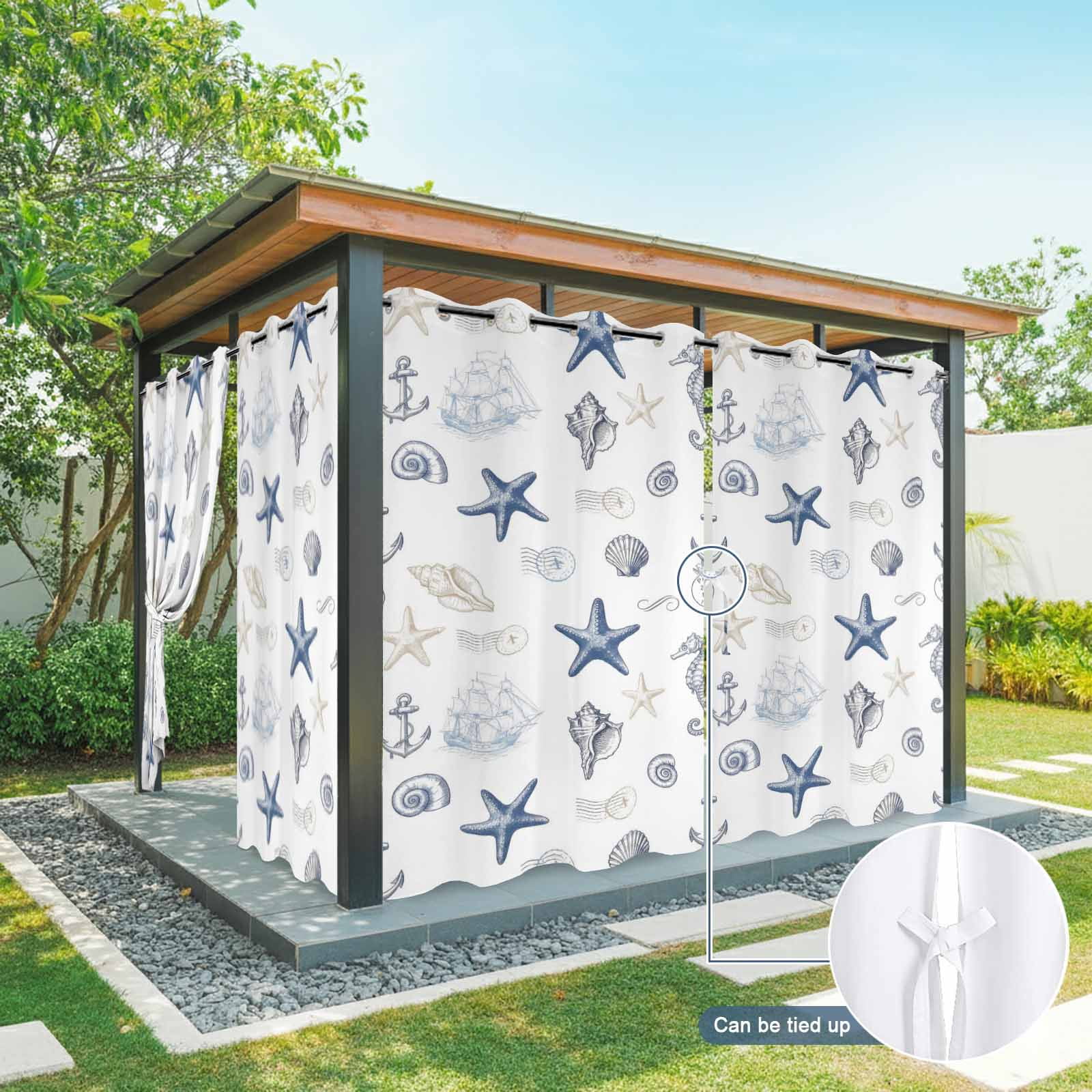 Summer Blue Starfish Outdoor Curtains for Patio, Seahorse Shell Conch Nautical Ship Anchor Sunshade Privacy Drapes Grommet Waterproof Outside Curtains for Porch/Cabana/Balcony 54"x 108", 1 Panel