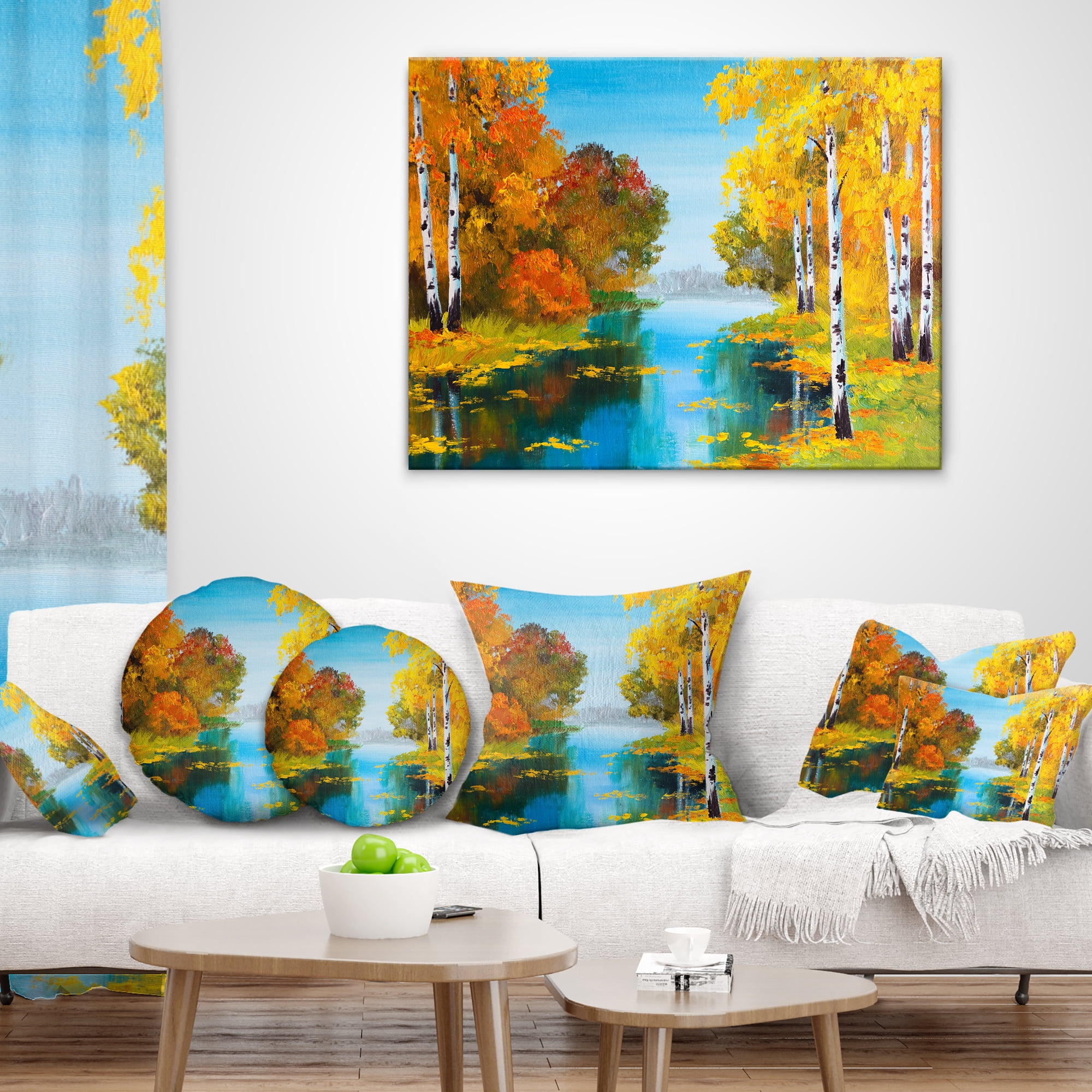 Designart Birch Forest near the River - Landscape Printed Throw Pillow - 16x16