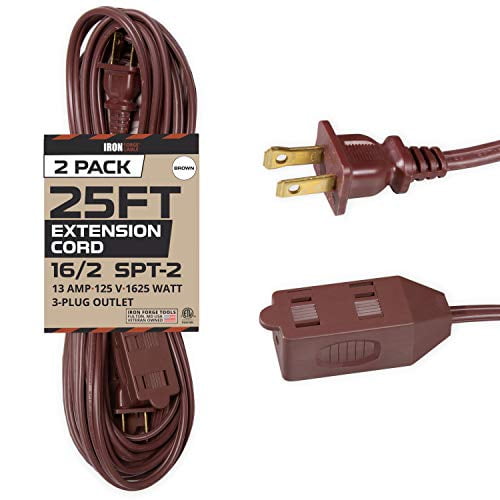25 Ft Brown Extension Cord 2 Pack 16/2 Durable Electrical Cable