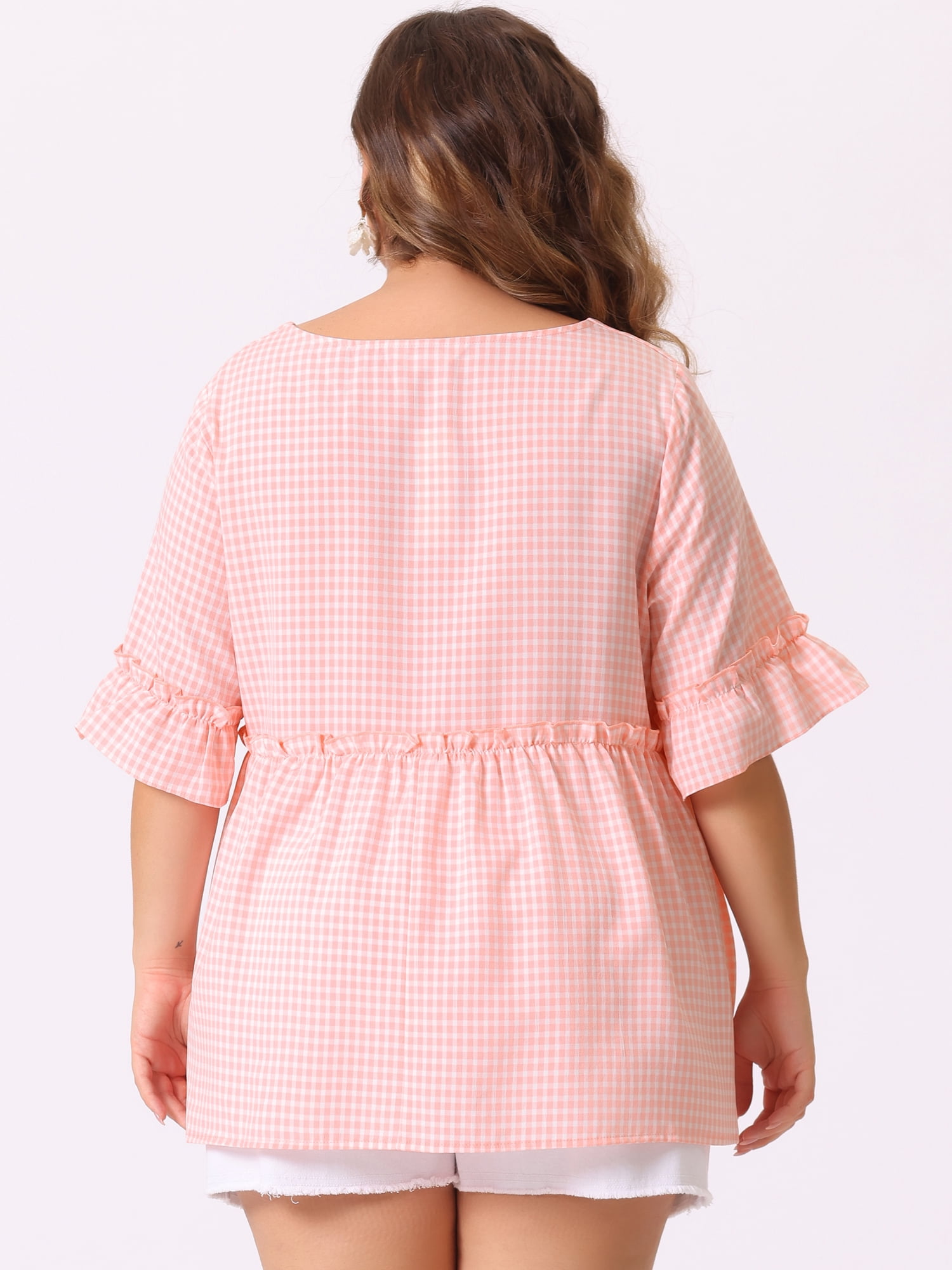 DARING DIVA Women's Plus Size Gingham Sweetheart Neck Ruffle Sleeve Blouse 2X Pink