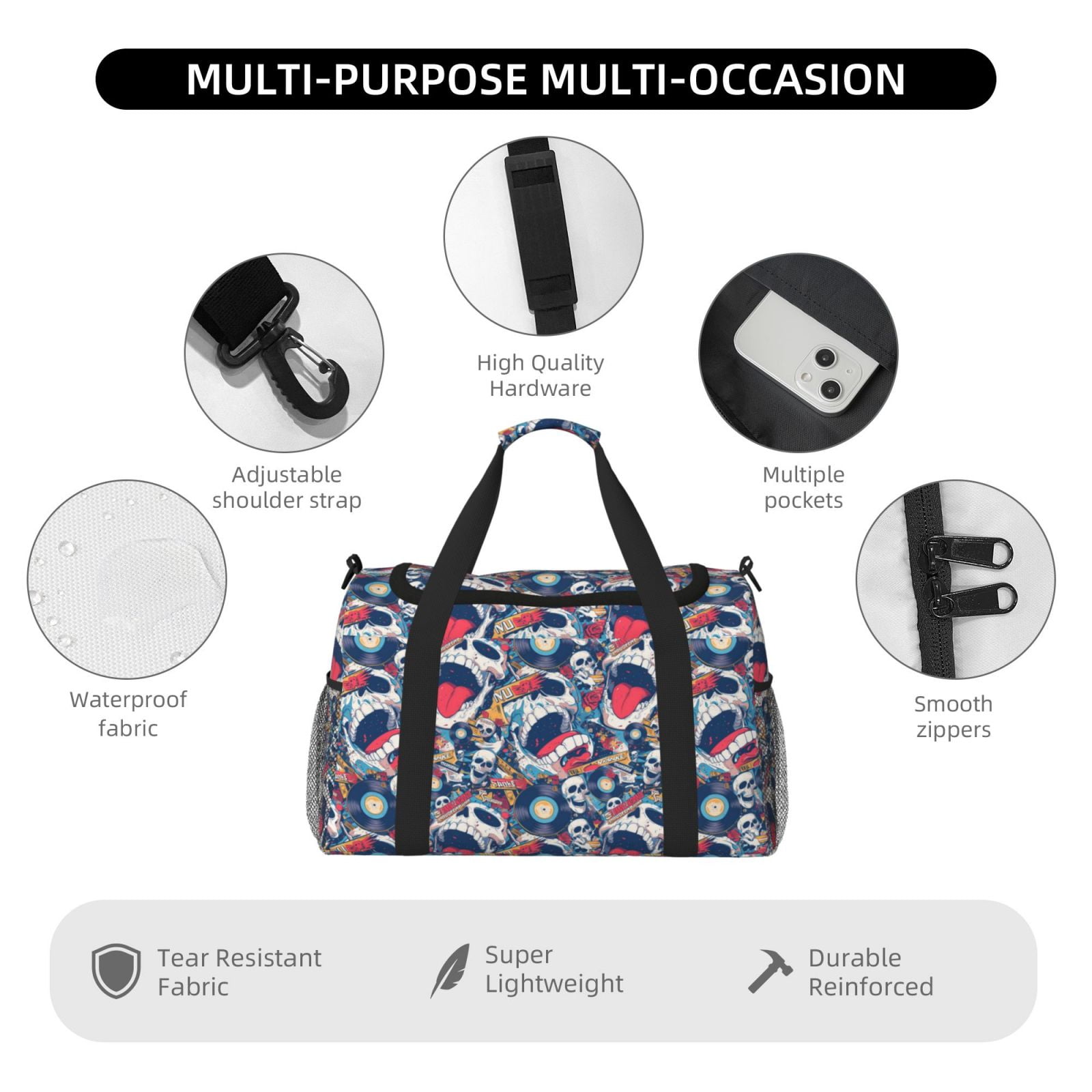 Fuzoiu cool rock Skull Print Travel Duffle Bag,Carry On Tote Bags,Duffel Bag,Sport Gym Bag, Hospital Bag for Labor and Delivery, Overnight Bag,Luggage Bag
