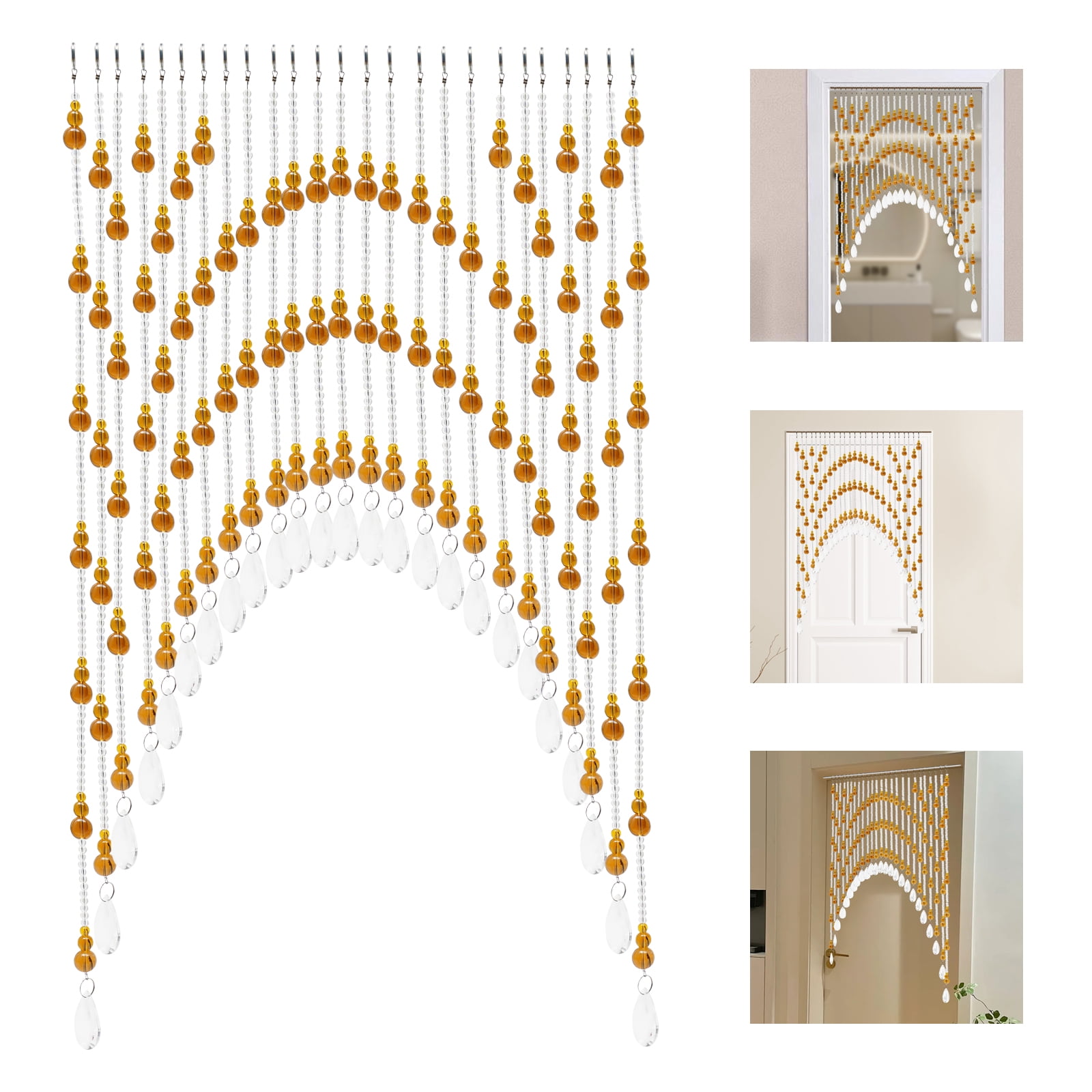 Crystal Glass Beaded Door Curtain 25-60in Adjustable Amber Clear Arched Gourd-Shaped Beads for Doorways, Windows