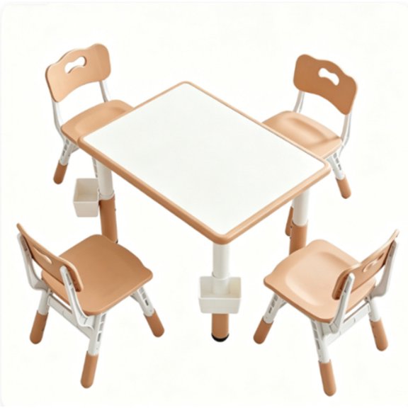 DIANJIE Height Adjustable Kids Desk with 4 Chairs Set White & Natural Graffiti Wipeable Toddler Activity Table with Storage Baskets