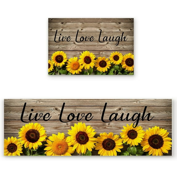 Anti Fatigue Kitchen Mat Set of 2 Cushioned Kitchen Floor Mats Kitchen Rugs Non Slip Kitchen Runner Rug Floral Yellow Sunflowers on Rustic Wooden Boards (15.7"x23.6" 15.7"x47.2" inches)