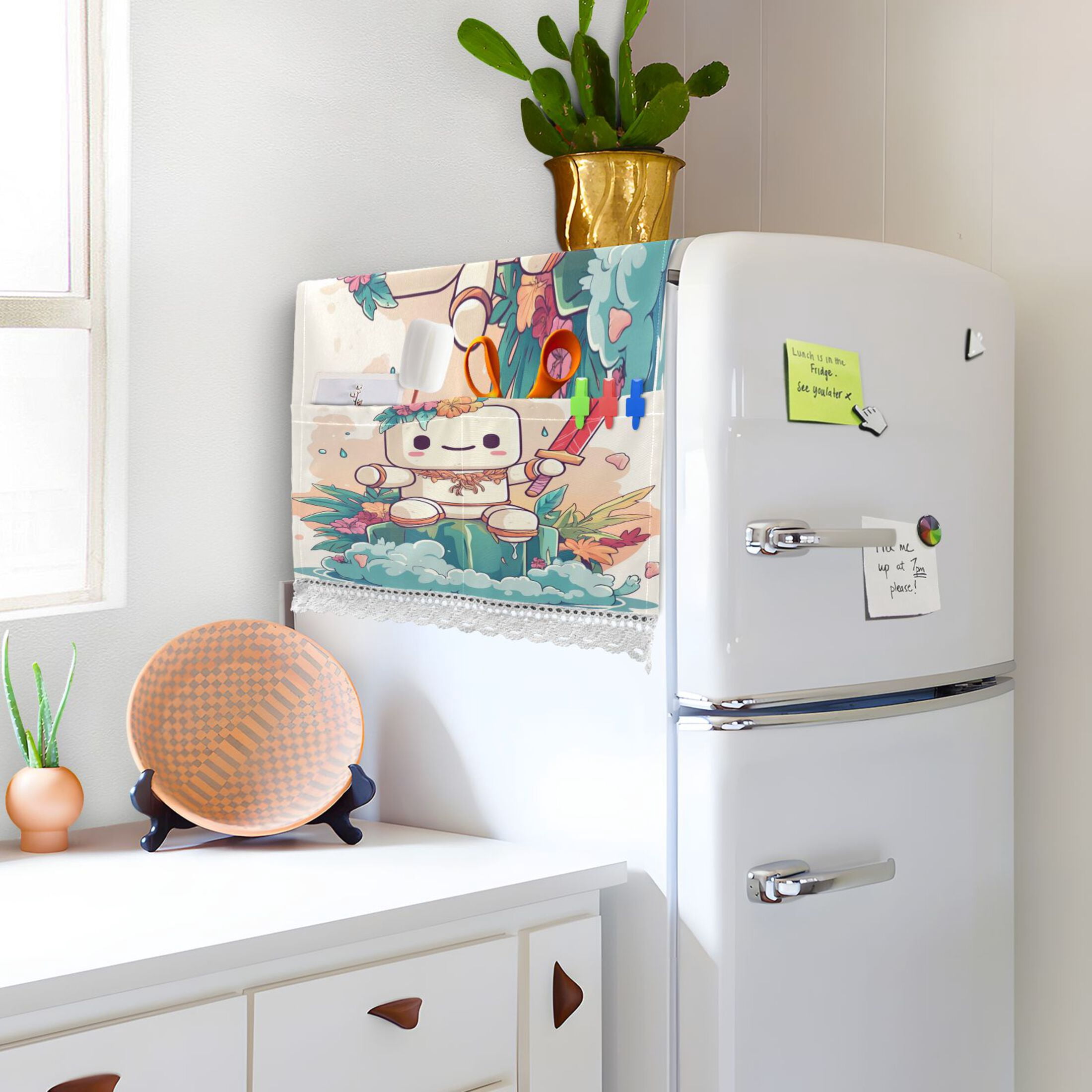A Cute Marshmallow ManWasher and Dryer Covers Dust-Proof and Oil Resistant Fridge Cover with 4 Storage Pockets Washing Machine Top Cover for Laundry Kitchen Home 51.2 x 22 In
