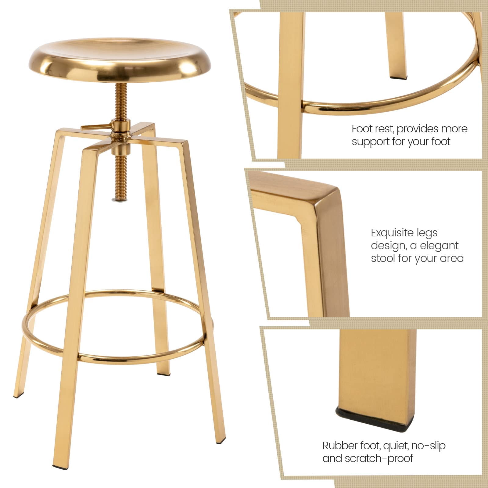Modern Metal Bar Stools Set of 2, Backless Round Counter Height Swivel Bar Stools for Kitchen Island Dining Pub Cafe (Gold)