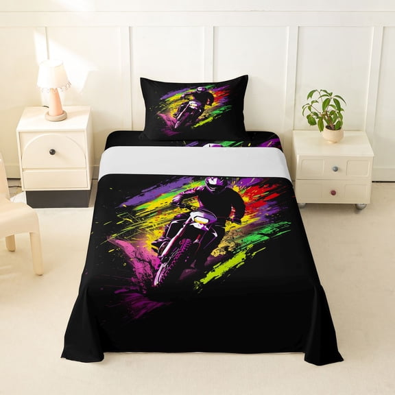 Castle Fairy Urban Motorbike Twin Sheet Sets 3pcs for Teens, Paint Burst Decor Bedding for Bedroom, Blue Pink