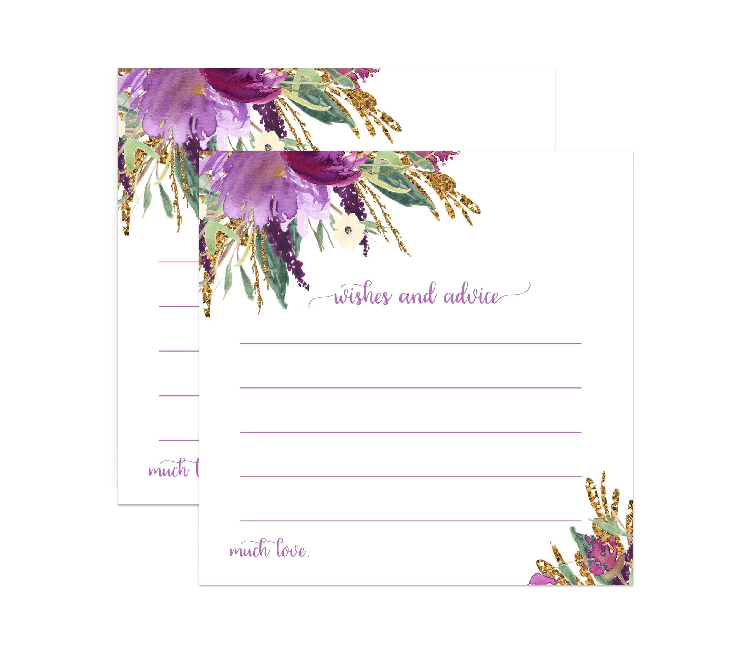 Purple Floral Advice Cards (25 Pack) Fill In for Bridal Shower Parents Wedding Graduation  Retirement Engagement - Rustic Theme (4x4 Size) Paper Clever Party