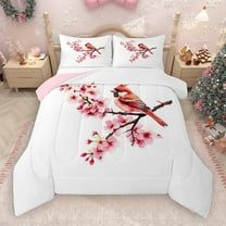 Manfei Cardinal Bird Bedding Comforter Set,Country Cherry Blossom Twin Comforter Sets,White Pink Red Bedding Set For Girl Teens,Breathable Home Decor Reversible,2-Piece