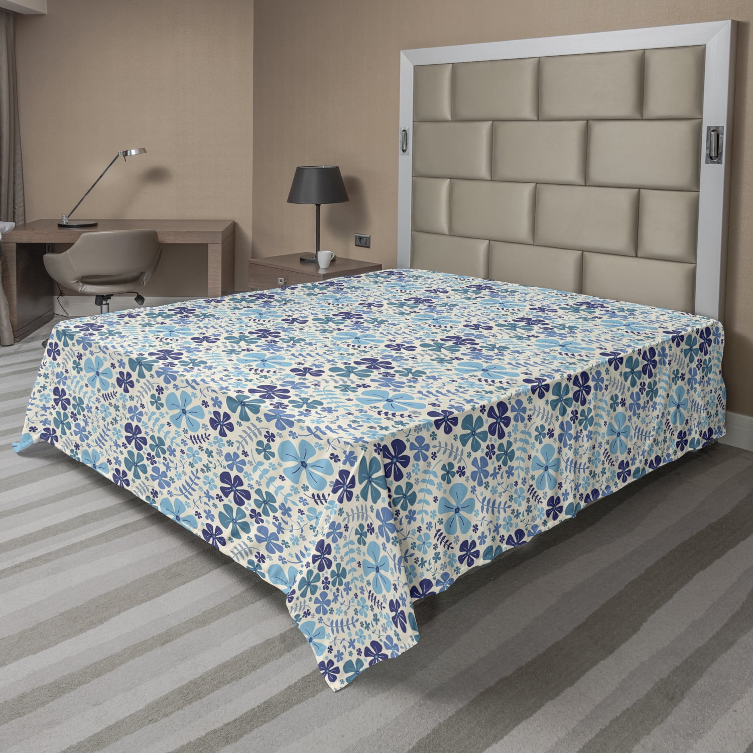 Floral Flat Sheet, Botanical Themed Natural Motifs Bluish Flowers and