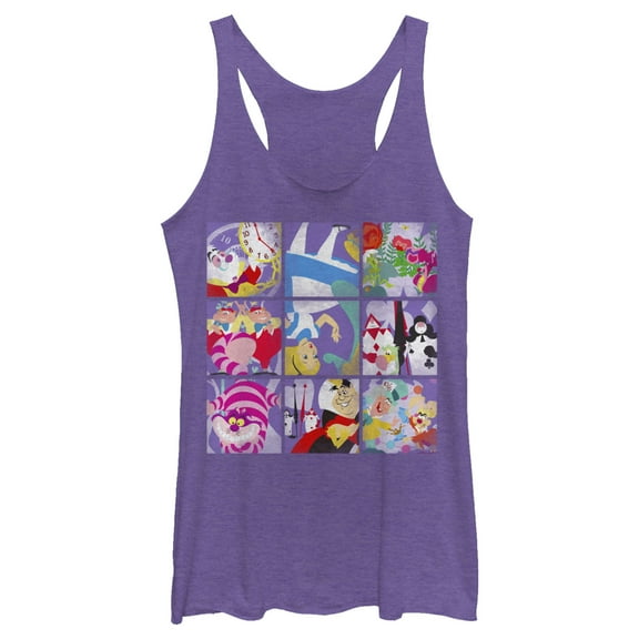 Women's Alice in Wonderland Distressed Character Portraits Racerback Tank Top Purple Heather Medium