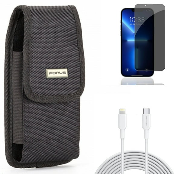 Privacy Screen Protector & Case Belt Clip & 10ft PD Cable for iPhone 13,Pro ONLY - Tempered Glass Curved Anti-Spy   Swivel Holster Rugged   USB-C Fast Charger Long Combo