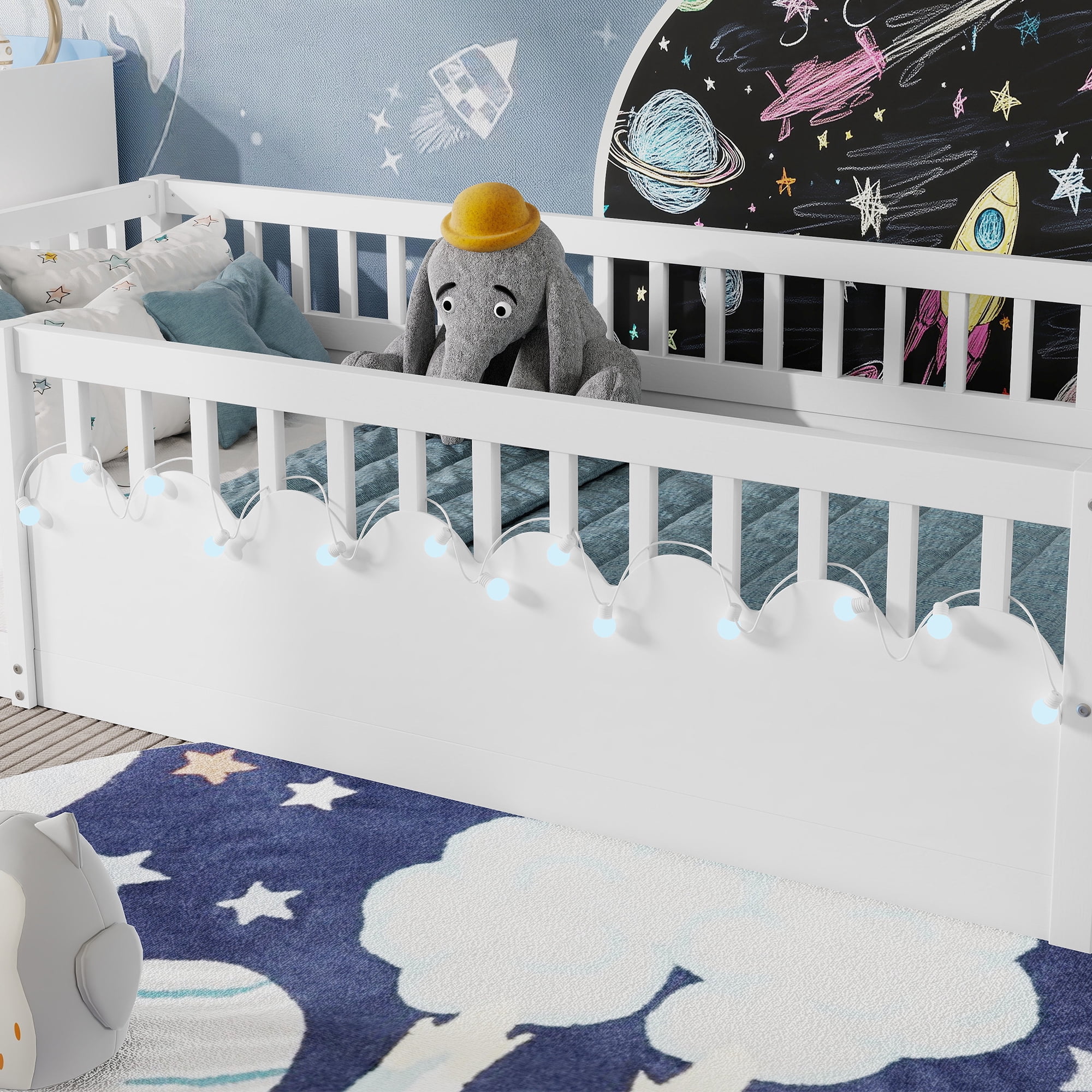 Euroco Wood Twin Size Montessori Floor Bed with Guardrails and LED Light, Kids Bed with Storage Shelves, White