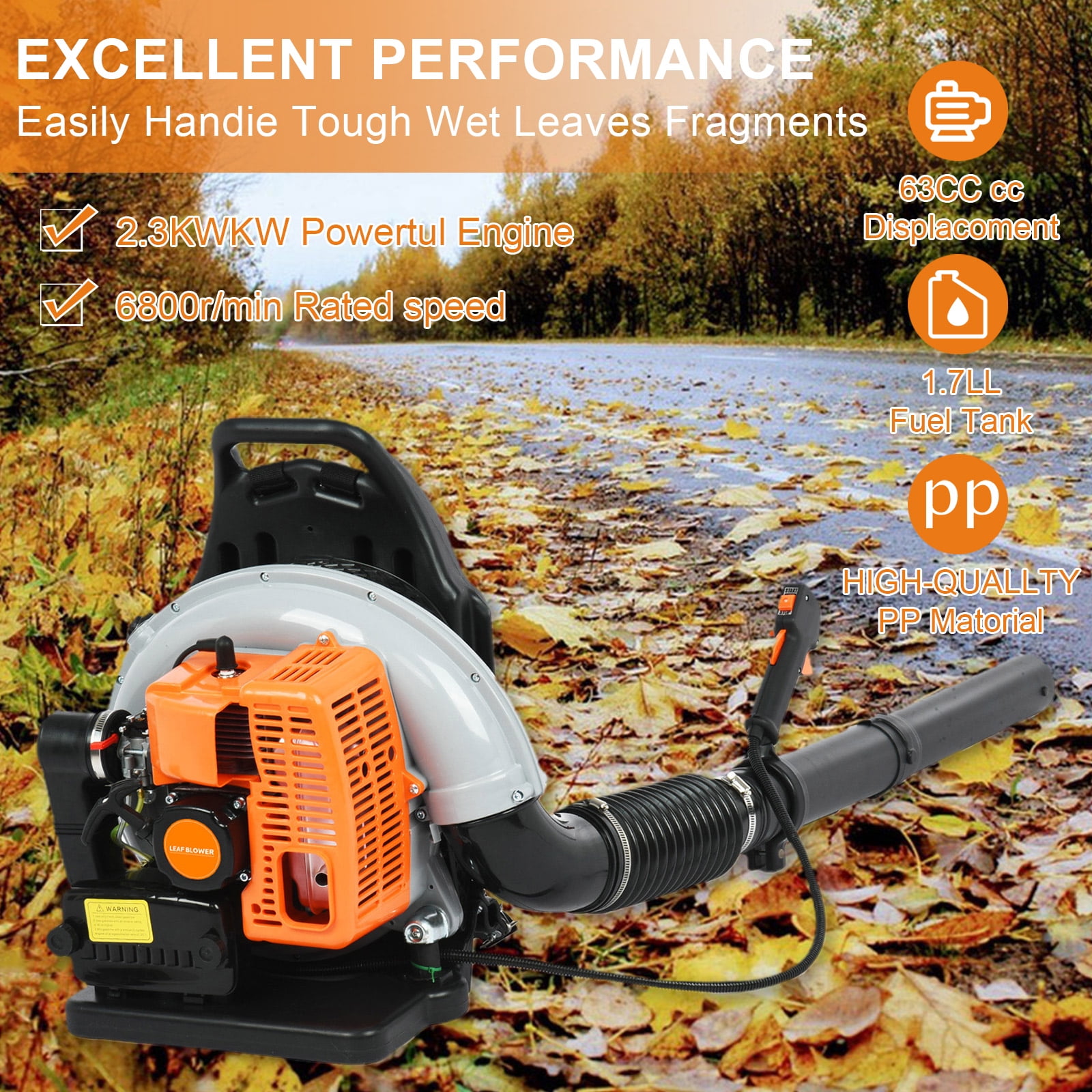 Professional Backpack Leaf Blower, 665CFM 63cc 2-Cycle Gas Powered, Multi-Purpose for Lawn, Yard Debris, and Light Snow - High Velocity Blower