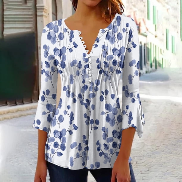 Fiudx Camisetas para Mujer Blusa de Manga 3/4 con Cuello En V Informal Estampada a La Moda para Mujer