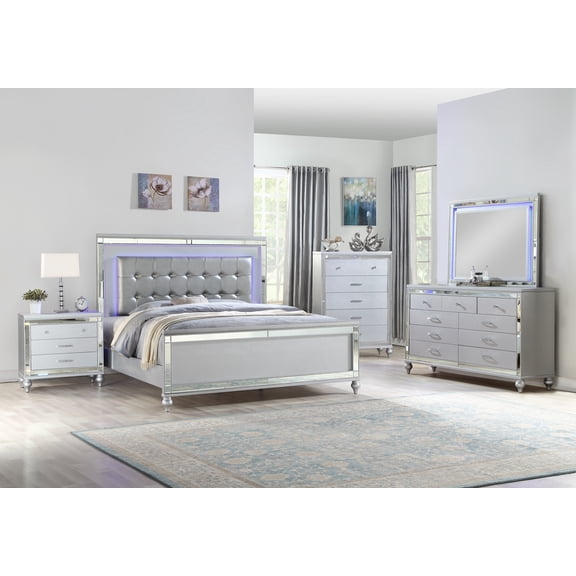 LiviNest Queen LED Bedroom Set: Contemporary 5-Piece Wood Furniture - Silver Crystal Tufted Headboard & Integrated Lighting for Vacation Rental Suites & Luxury Accommodations