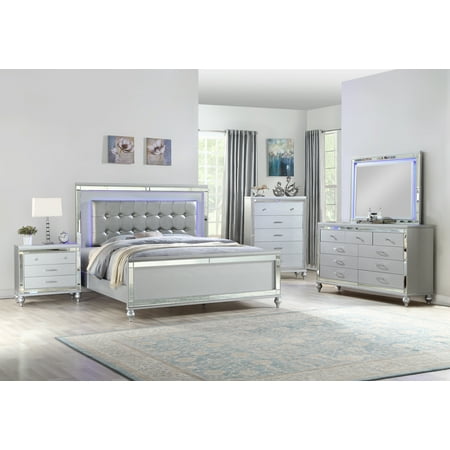 CLEARANCE! Sterling Queen 4 PC LED Bedroom set made with wood in Silver Color