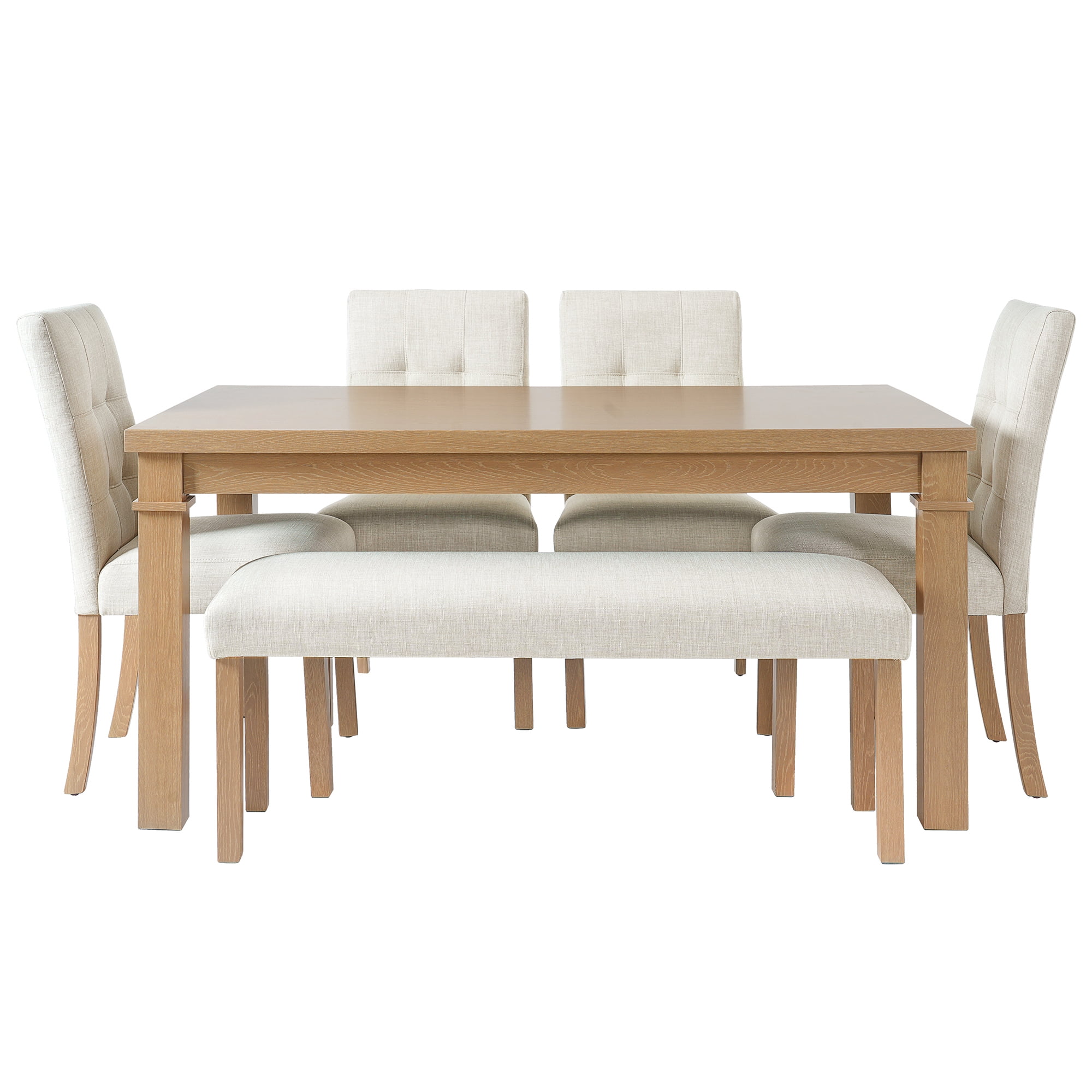 Euroco 6-Piece Wood Dining Table Set for 6, Modern Rectangular Kitchen Table Set with 4 Upholstered Chairs & Bench for Kitchen Dining Room,Natural