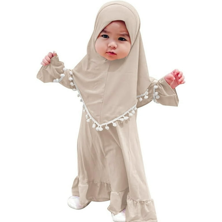Qicasul Kids Outfits Set Ramadan Clothes For Girl Dress With Hijab For Baby Girls Prayer Dress Clothes Long Sleeve Khaki 0 Months-6 Months, Infant