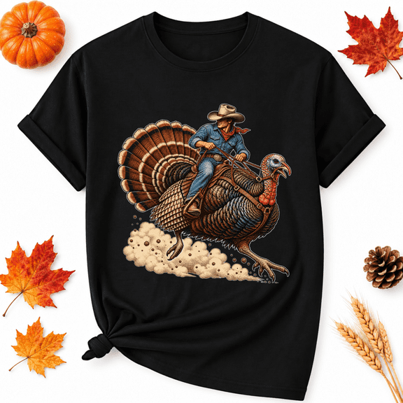 KeHetSoft Thanksgiving Cowboy Turkey Ride Cotton Graphic Unisex T-Shirt
