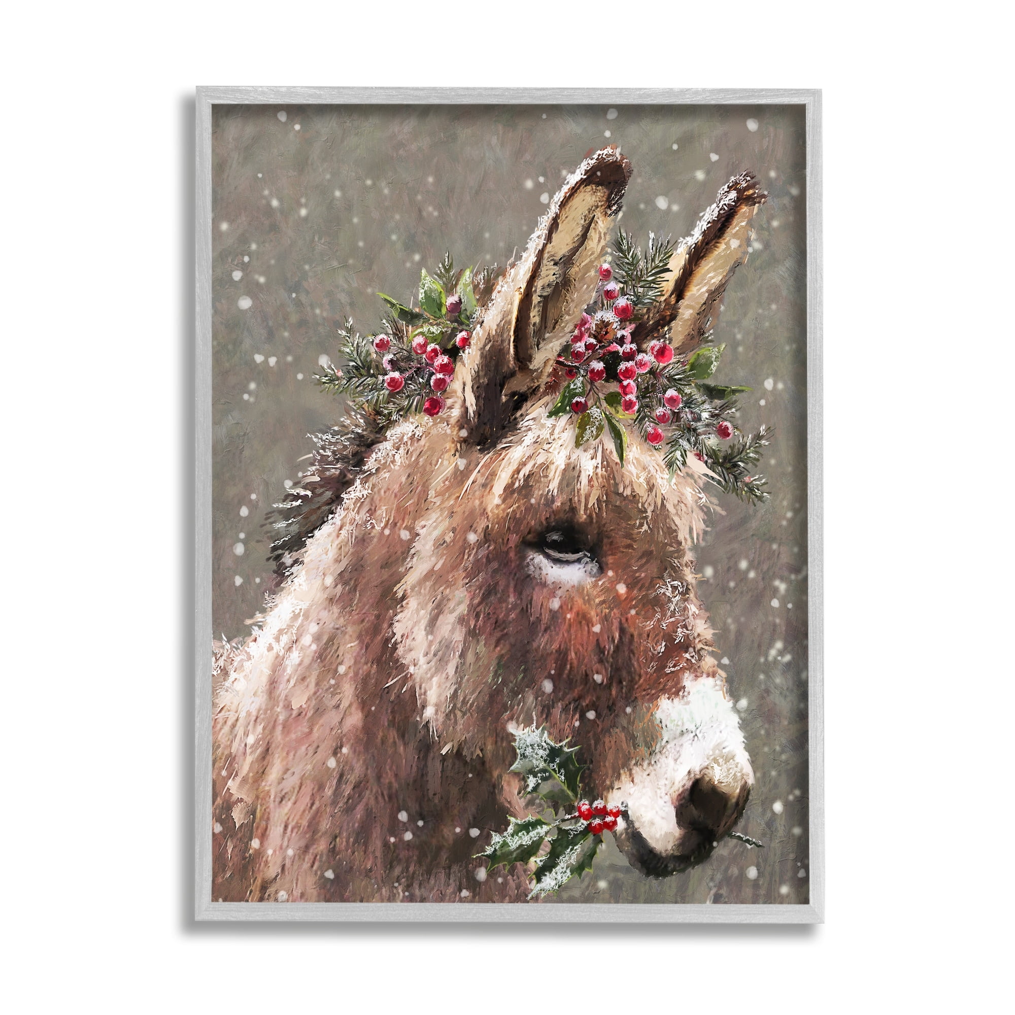 Stupell Industries Winter Donkey Snow Falling Holiday Painting Gray Framed Art Print Wall Art