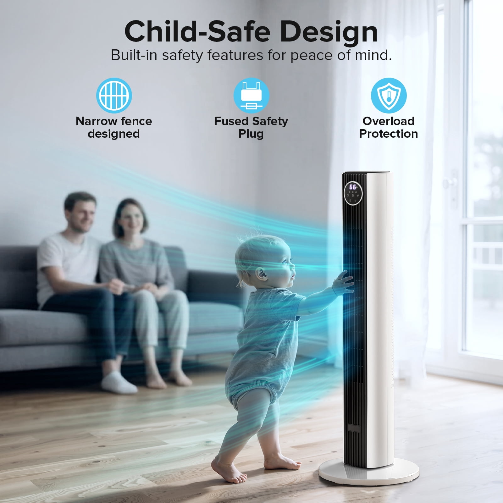 KISSAIR 35" Oscillating Tower Fan, Bladeless Floor Fan with Remote, 4 Modes & 3 Speeds, 12H Timer, Quiet & Family-Safe, LED Display, 85° Wide Cooling for Bedroom & Home  (Black - White mix)