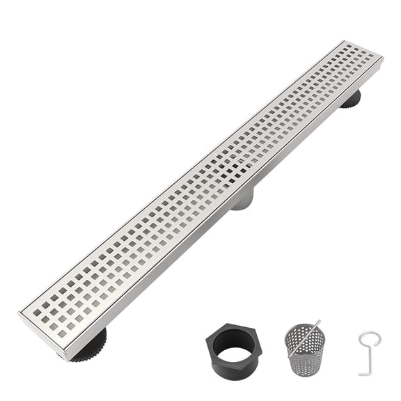 JERFIT 24" Linear Shower Drain with Removable Grid Cover, Brushed Nickel Stainless Steel Floor Drain with Hair Catcher, Anti-Clog & Easy Clean for Wet Room, Bathroom, Kitchen