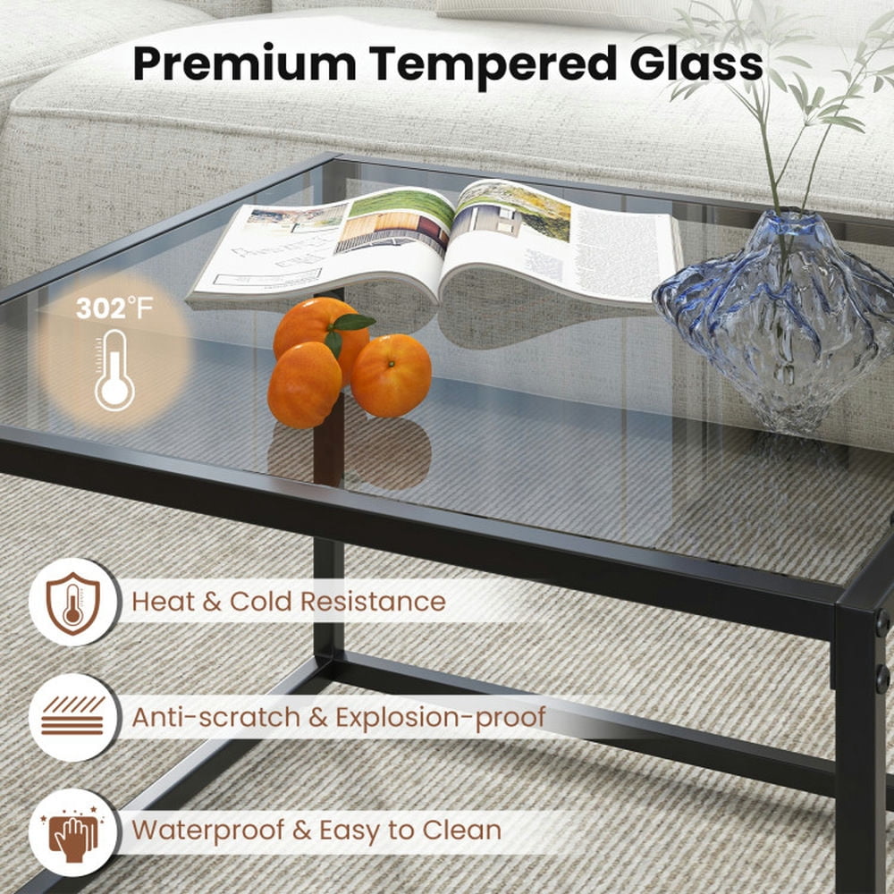 Finihen Coffee Table, Tempered Glass Coffee Table, 27.5 Inch Home Square Tea Table with Heavy-duty Metal Frame, for Living Room, Reception Room, Gray