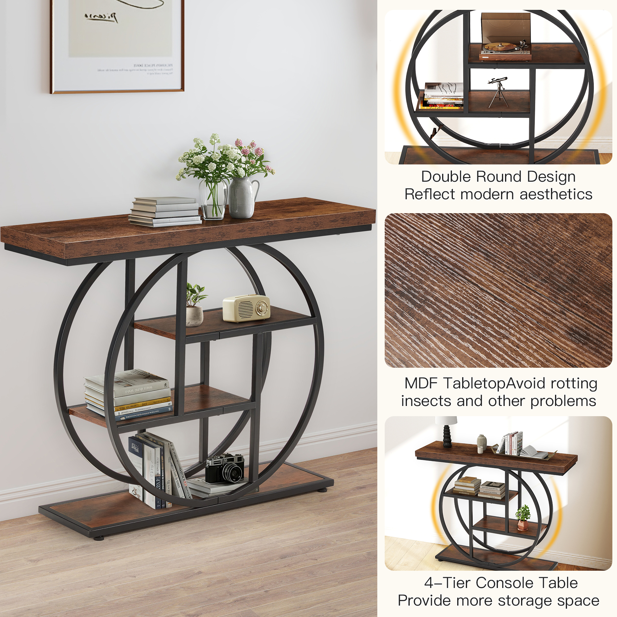 Erinnyees 4 Tier Console Table, 41.3" Entryway Table, Rustic Style Sofa Table, with Storage Shelves, Adjustable Foot Pad, for Hallway, Rustic Brown