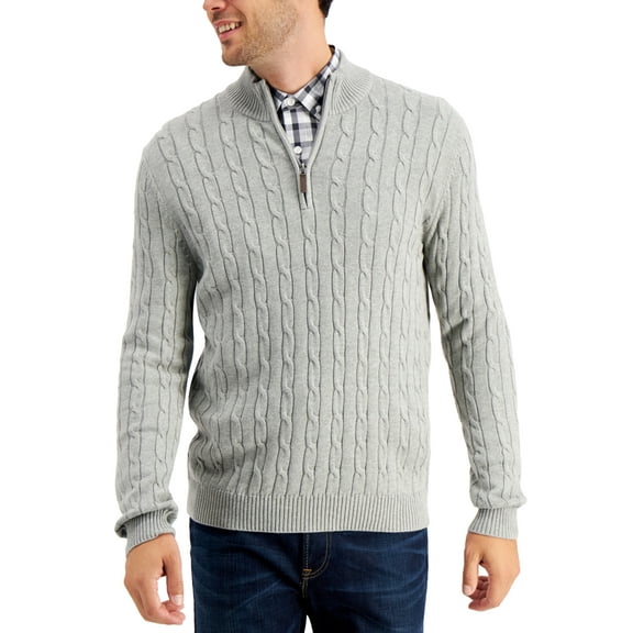 Club Room Mens Cable Knit Quarter Zip Cotton Sweater Grey Heather Size L NWT