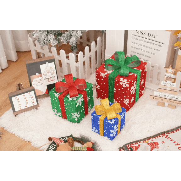 3-Pack Christmas Lighted Gift Box Set with Remote – Stackable LED Decorative Present Boxes for Xmas Tree, Home Party Décor Three-color white snowflake