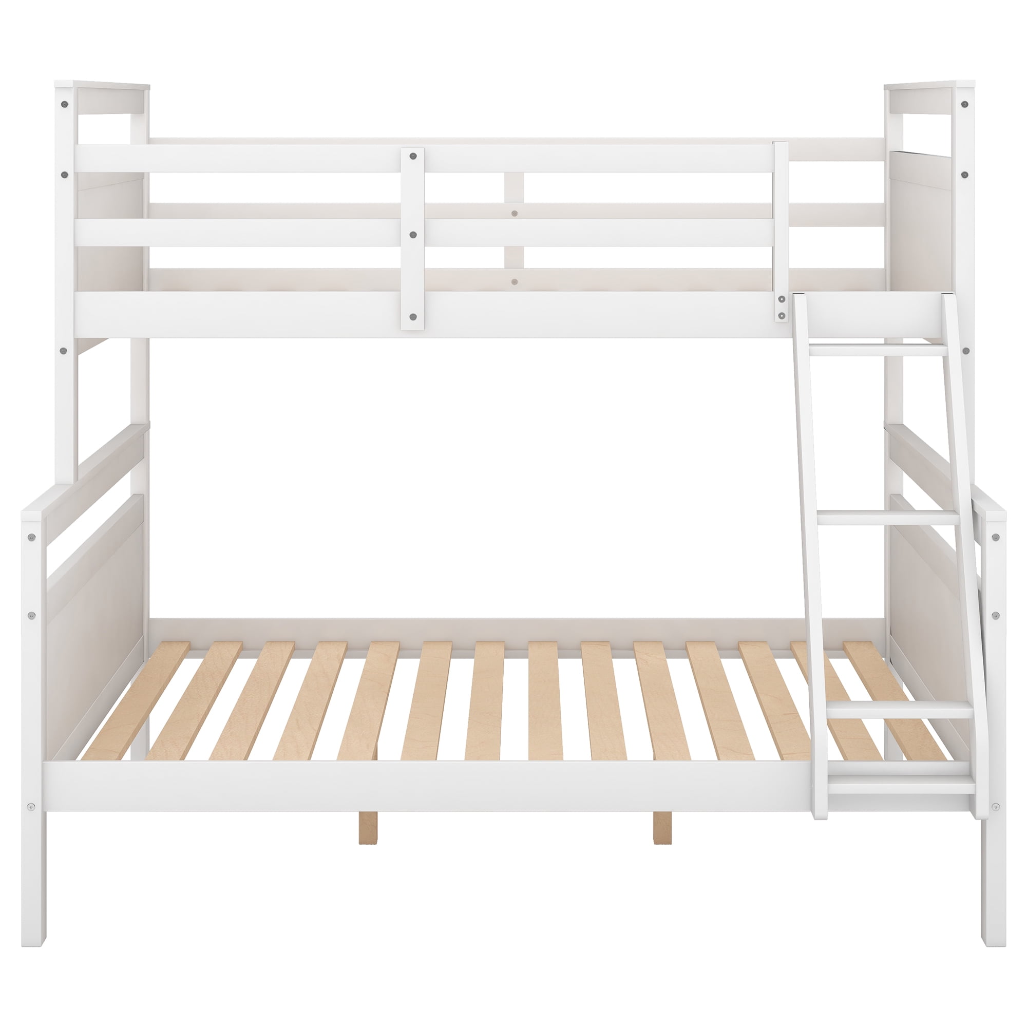 Euroco Modern Solid Wood Twin over Full Kids Bunk Bed Frame with Ladder, White