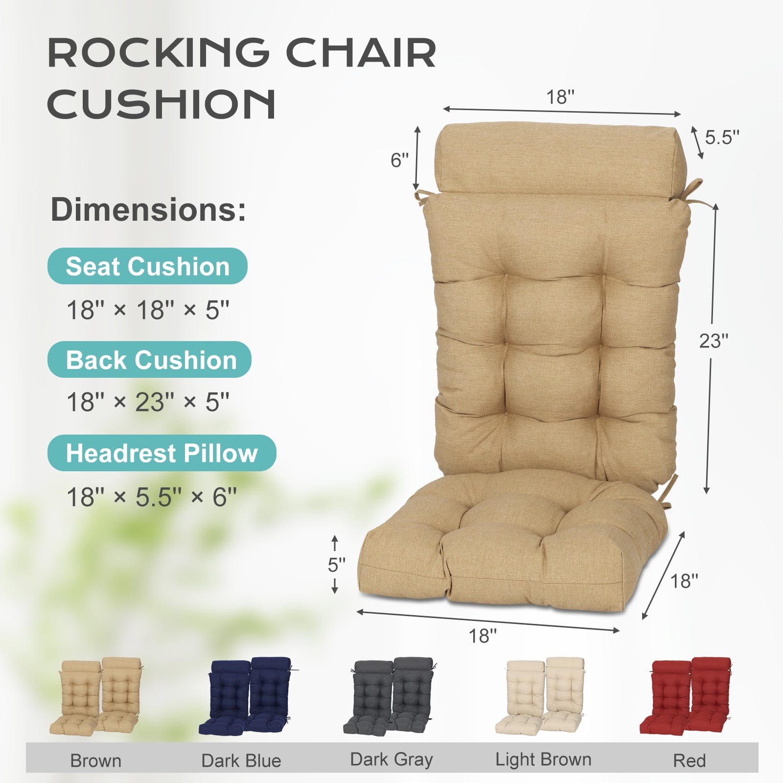 Aoodor  2 Pcs High Bcak Rocking Chair Cushion for Outdoor Indoor, Water Resistant & Fade Resistant Polyester Patio Adirondack Chair Cushion with Straps, 18" x 47", Brown