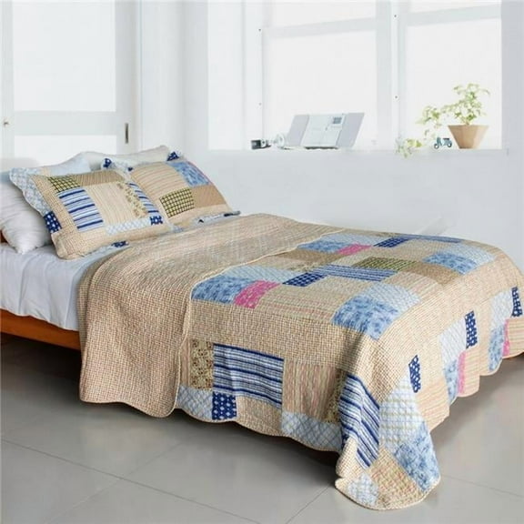 Classic Plaids - Cotton 3 Pieces Vermicelli-Quilted Patchwork Quilt Set  Full & Queen Size - Khaki
